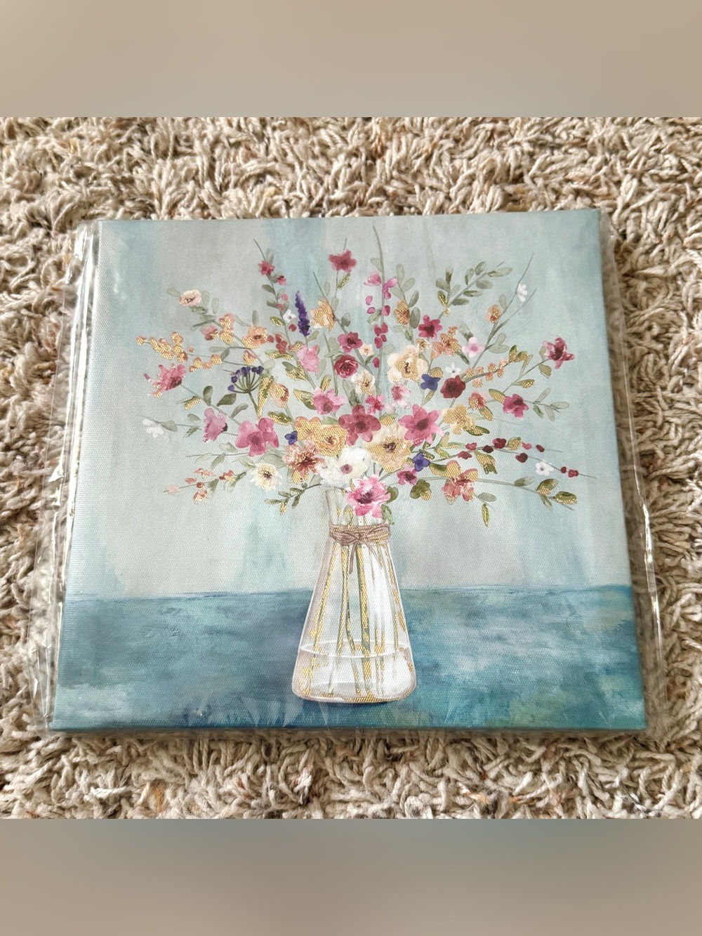 8x8” NEW Spring Flower Vase, Gold Detail Art with Hanging Hook